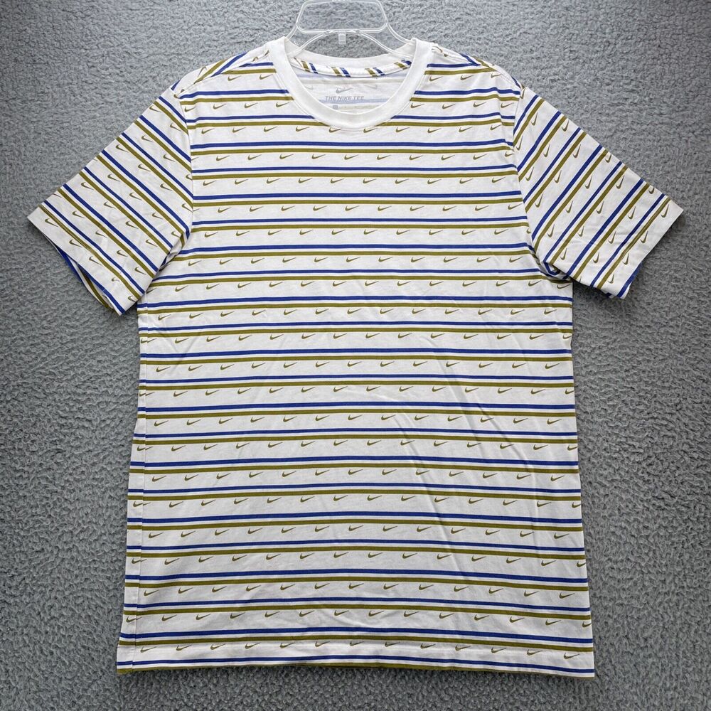 Nike Shirt Club Stripe Tee Mens Large Blue Gold All Over Swoosh Print T Shirt